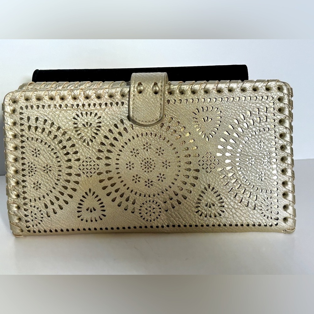 Madison West Biege Leather Gold Trim Laser Cut Clutch Wallet